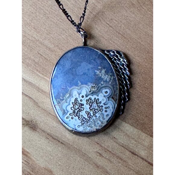 Dendritic Agate Sterling Silver Pendant Necklace 20G Mid Century - Picture 9 of 10